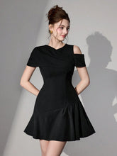 Poshira Women Short Asymmetric Pleated A-Line Woven Black Cocktail Dress